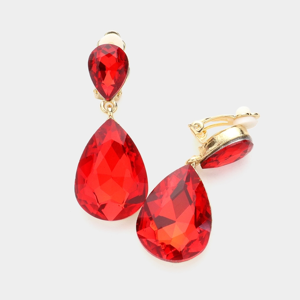 Siam Red Dangle Crystal Clip On Earrings 1.75 Inch Teardrop Statement Jewelry